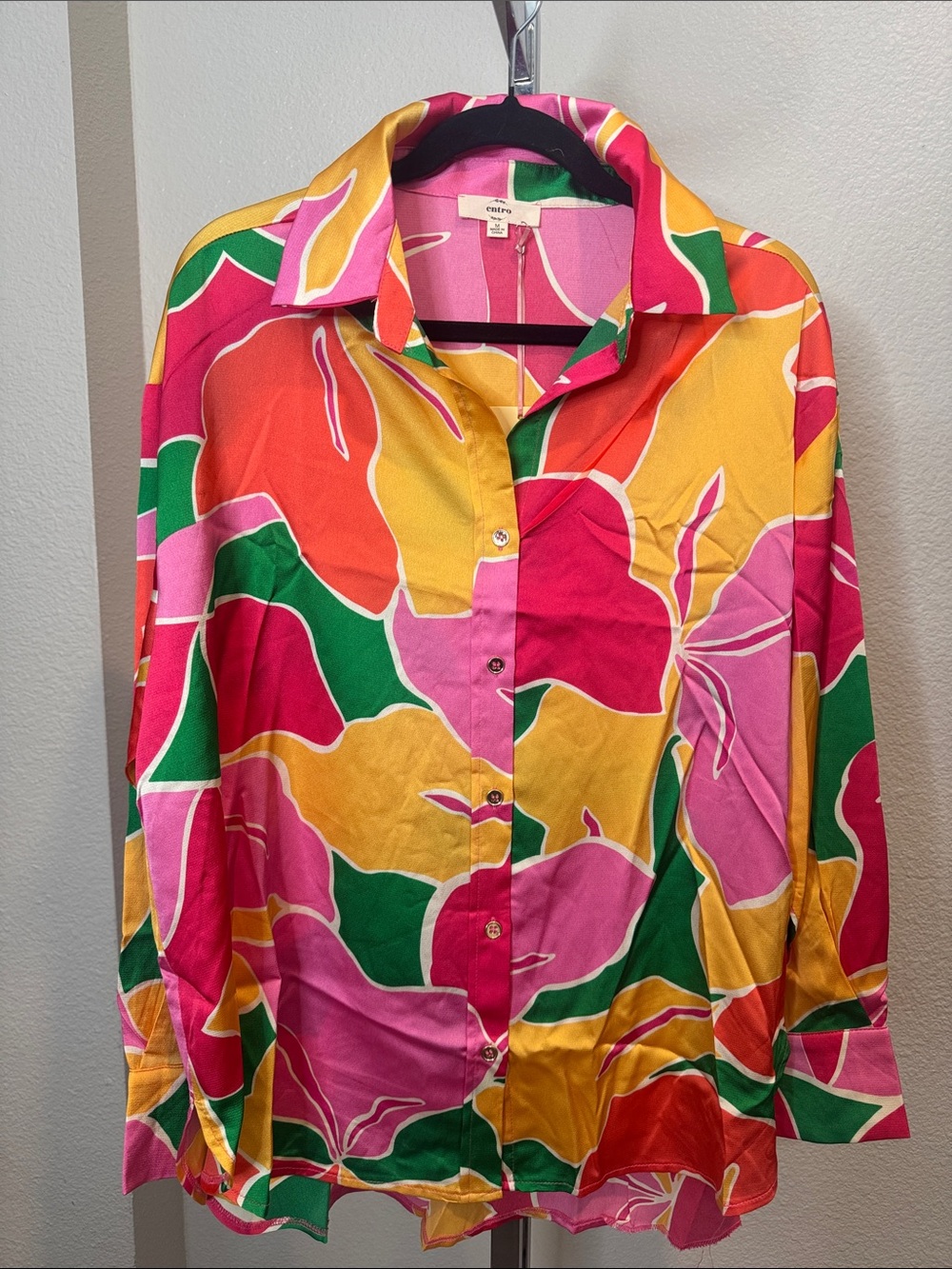 entro Vibrant Pink Yellow Green Orange Floral Button-Down Shirt